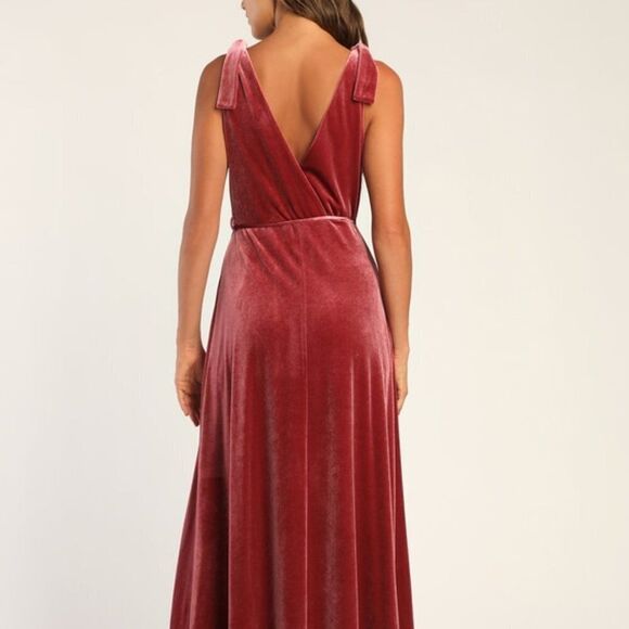 Lulu's Women Dusty Rose Velvet Tie-Strap Wrap Maxi Dress - Picture 4 of 6